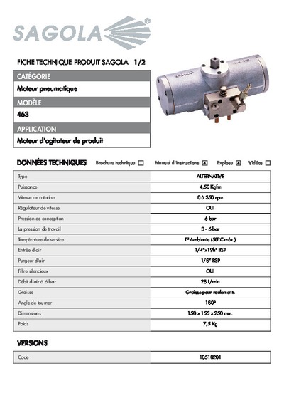 Fiche technique Moteur pneumatique 463