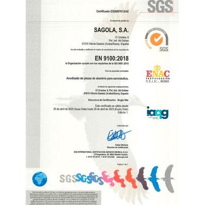 ISO 9100 para anodizado de piezas de aluminio para aeronáutica